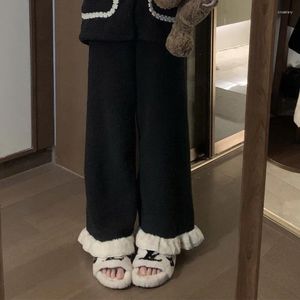 Calças femininas Deeptown Japonês Kawaii Cordeiro Mulheres Inverno Quente Preto Coreano Moda Casual Calças Velho Dinheiro Patchwork Fleeced Roupas
