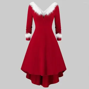 Повседневные платья SKMY Рождественское платье Женская одежда Тонкий сексуальный V-образным вырезом с длинным рукавом Модное перо Лоскутное Красное Элегантное вечернее платье