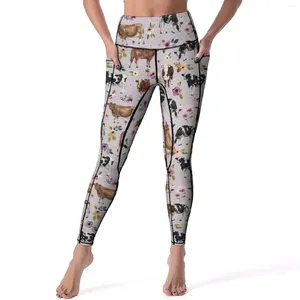 Women's Leggings Cow And Flower Sexy Watercolor Floral Workout Gym Yoga Pants High Waist Stretch Sports Tights Elegant Pattern Leggins