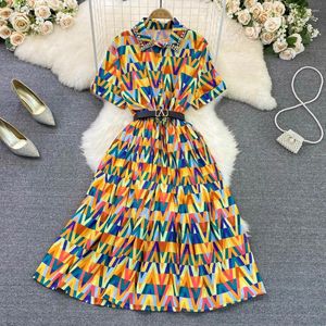 Party Dresses Summer Light Ripe Wind Lapel Slim Geometric Printed A-word Long Dress Elegant Temperament Big Swing Belt A-line Vestidos