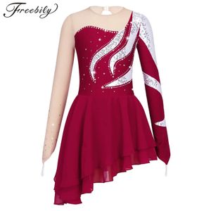 Dancewear crianças meninas patinação artística vestido de dança sheer malha manga longa lantejoulas brilhantes collant tutu ballet ginástica rítmica dancewear 231213