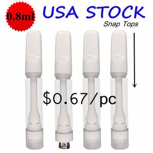 USA Stock Full Ceramic Vape Catrones Atomizers 0,8 ml E-cigarett tjock olja Tom Snap On Tips Ceramic Coil Vaporizer Flat 510 Tråd 4st Intag Press i 1000pcs/parti