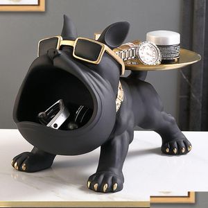 Objetos decorativos estatuetas cão ornamento boca grande francês bldog mordomo caixa de armazenamento com bandeja nórdica mesa decoração resina animal scp dhl6g