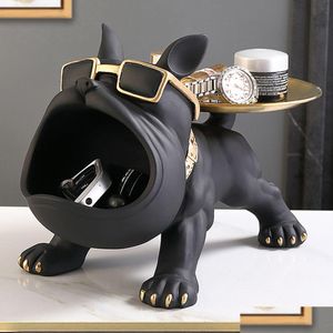 Oggetti decorativi Figurine Ornamento per cani Bocca grande Scatola portaoggetti maggiordomo francese Bldog con vassoio Decorazione da tavola nordica Resina Animale Scp Dhl6G