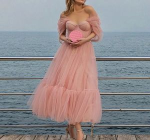 Elegant Dark Pink Tea Length Prom Dress 2024 Sweetheart Off the Shoulder Tulle Evening Pageant Party Gowns Vestidos De Feast Robe De Soiree