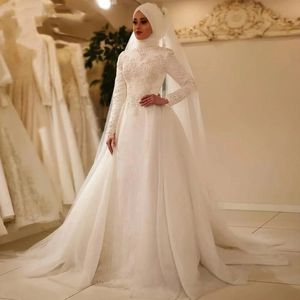 Muslimische Hochzeit arabisch elegantes Kleid für Frauen 2024 Perlen Perlen hohe Nacken Langarmige Spitze A-Line-Brautkleider mit abnehmbaren Rockschleiern Robe de Mariage