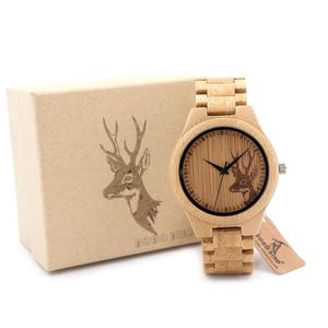 Bobo Bird Classic Bamboo Wooden Watch Elk Deer Head 캐주얼 손목 시계 남성용 대나무 밴드 쿼츠 시계 여성 341b