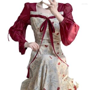 Vestidos casuais 2023 primavera e outono vermelho uma peça vestido feminino trajes retro estilo tradicional chinês hanfu para fêmea adulta