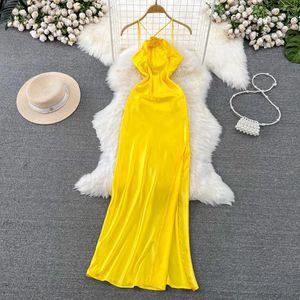 Vestidos casuais amarelo espaguete cinta vestido longo para mulheres moda verão decoração floral sem mangas aberta volta magro festa alta divisão