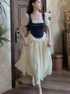 Sukienki imprezowe Summer elegancka vintage księżniczka midi sukienka Koreańska moda jednoczęściowa patchwork vestidos żeńska odzież z krótkim rękawem