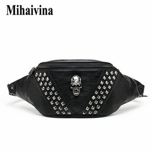 Mihaivina punk rebite crânio Men Bag Women Women Black Fanny Pack Leather Chest Female Messenger Messenger Bum S 2202162720