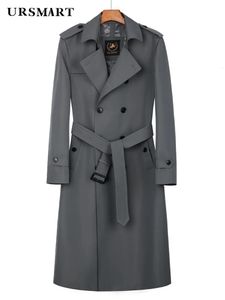 Мужские куртки Супер длинная ветровка, мужской британский тренч, двубортный, серого цвета, длинное платье весна-осень, мода выше колена, 231213