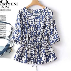 Blusas femininas camisas geométricas xadrez impressão vintage o-pescoço rendas até cintura elástica blusa feminina camisa pulôver moda coreana roupas femininas topos yq231214