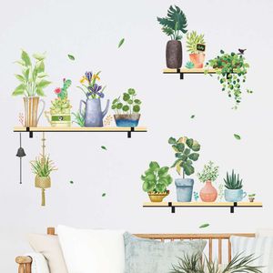 Watercolor Potted Flowers Succulents Plants Bonsai on the Shelf Wall Stickers for Living Room Bedroom Wall Decals Home Decor pvc