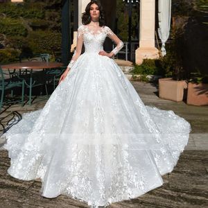 New Elegant Ball Gown Wedding Dresses Sheer Scoop Neck Illusion Long Sleeves Tulle Lace Appliques Beaded Plus Size Bridal Gowns