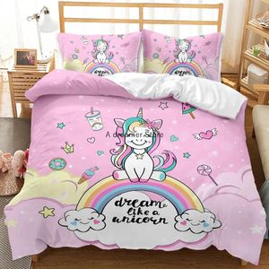 Conjuntos de cama dos desenhos animados unicórnio capa conjunto meninas crianças edredão adorável consolador roupa de cama bonito kawaii 231214