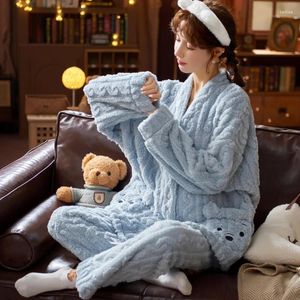 Indumenti da notte da donna 2023 Pigiama Set Donna Inverno Corallo Velluto Pigiama Set Dolce e carino Flanella Manica lunga Femminile Homewear Abbigliamento da notte