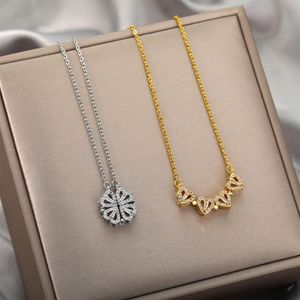 Pendant Necklaces Four-leaf Clover Necklace For Womem Lucky Deformable Heart Shape Love Petal Zircon Magnetic Jewelry Gift182j