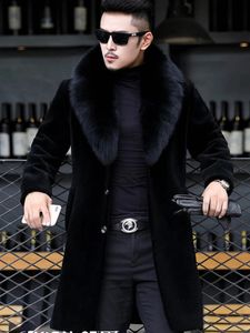Мужская шуба из искусственного меха средней длины, мужская зимняя толстая теплая шуба с длинным рукавом и тонким меховым воротником, куртки люксовых брендов, черная шуба 231213