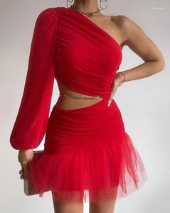 Sıradan Elbiseler Kadınlar 2023 Yaz Moda Bir Omuz Yüksek Bel Gölü Elbise Parti Seksi Mesh Patch Mizaç Mini