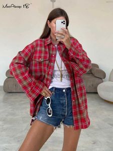 Camicette da donna Camicie Mnealways18 Camicia scozzese rossa con risvolto Spalle basse Donna Manica lunga Camicette oversize a quadretti e Top Streetwear Primavera 2024 Donna YQ231214