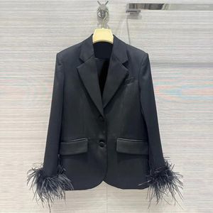 Women's Suits 2024 Fashion Ostrich Feather Decoration On Cuffs Black Blazer Jacket Women Notched Buttons Pockets Sweet Cool Suit