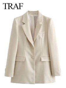 Abiti da donna Blazer TRAF Moda Casual Ufficio Giacca dritta con bottoni beige Donna Cappotti eleganti Spalline a maniche lunghe Blazer 231213