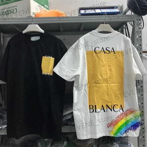 メンズTシャツカサブランカイエローブロックプリントTシャツ男性女性高品質のカジュアルTシャツトップティーT231214