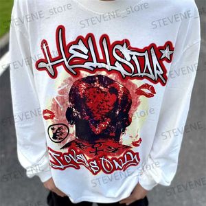 Erkek Tişörtleri Hellstar Uzun Kollu T-Shirt Ön ve Arka Kırmızı Baskı Saf Pamuklu High Street Erkek ve Kadın Beyaz Top T-Shirt T231214