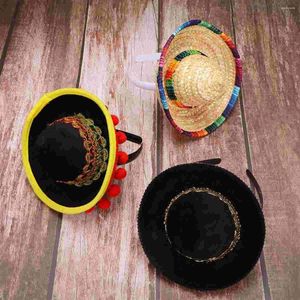 Berets 3 Pcs Mexican Folk Style Hat Festical Straw Party Chapéus Aba Larga Sombreros México Criança Mini Laços de Cabelo