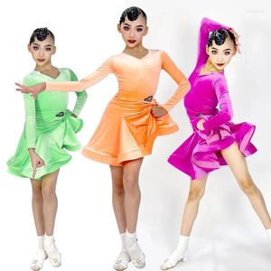 Palco desgaste veludo latina dança traje meninas manga longa competição vestido samba rumba prática crianças chacha desempenho roupas ys5191