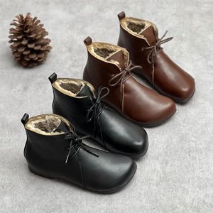 Boots Women Genuine Leather Flats Shoes Lace Up Warm Faux Wool Winter For Punk