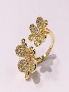 Anéis de cluster qualidade moda jóias pave zircon rosa cor de ouro flor dupla aberta para mulheres pode ajustar tamanho dj14525304719