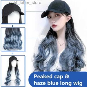 Ball Caps Women's Hat Wig One Peak Cap Haze Blue Large Wavy Long Hair Wig Synthetic Hair Dark Brown Black Curly Wig Baseball Cap YQ231214