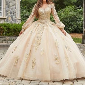 Luxury Champagne Quinceanera Abiti da ballo Appliques perle in pizzo perle a maniche lunghe Sweet 16 vestito da ballo abiti da festa