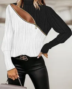 Women's T Shirts Woman Colorblock Zipper Design Textured Top Fall Women Long Sleeve T-Shirt 2023 Fashion Female Mock Neck Daily Casual Tee