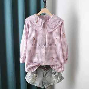 Women's Blouses Shirts Lamtrip Unique Cartoon Match Embroidery Plaid Kawaii Cotton Layers Peter Pan Collar Shirt Blouse 2021 Summer YQ231214