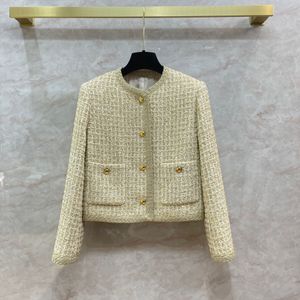 2024 Spring Khaki Solid Color Panelled Gold Tweed Jacket Long Sleeve Round Neck Double Pockets Single-Breasted Jackets Coat Short Outwear Q3D121321