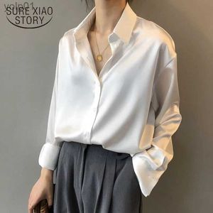 Blusas femininas camisas outono moda botão até camisa de cetim blusa vintage feminino branco senhora longo sles fe solto camisas de rua 11355l231214