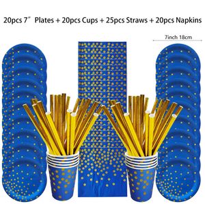 Disposable Dinnerware Blue Gold Dots Disposable Tableware Set Plates Straws Cups Napkins for Wedding Birthday Party Baby Shower Party Decorations 231213