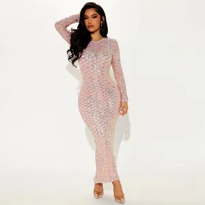 Casual Kleider Cutubly Herbst Shinny Pailletten Lange Abend Elegante Plaid Mesh Sehen Obwohl Bodycon Kleider Frauen Sexy Rosa Party Prom kleid