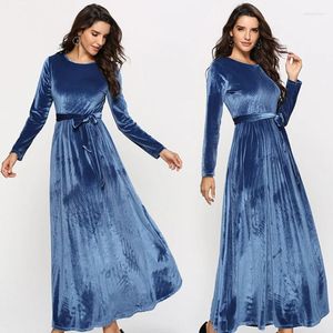 Casual Dresses Autumn Long Sleeved Dress For Women With O Neck High Waist Tied Gold Velvet Fashionable Slim Pleated Skirt