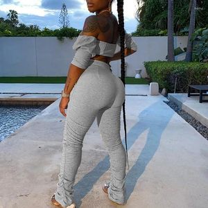 Women's Two Piece Pants Sexy Nightclub Women Stacked Suit Off Shoulder Flare Sleeve Tube Top Sweatpants Leggings Ruched Tracksuit