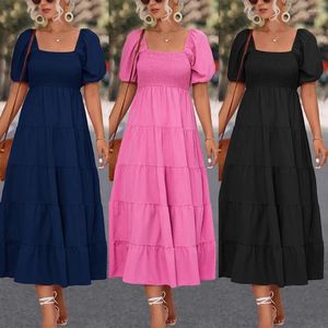 Vestidos de festa feminino vestido de cor sólida pescoço quadrado manga puff dobra design casual rua elegante bolo solto