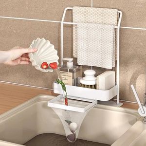 Kitchen Storage Sink Organizer Sponge Holder With Towel Rack Drain Pan Countertop Nonslip Soap Brush Caddy