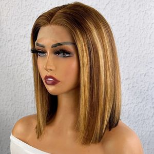 Synthetische Perücken Highlight P4 27 Peruanisches Remy Haar Kurze Bob Ombre Menschliches Blondes Perücke Gerade 13 6 1 Spitze Front Für Frauen 231214