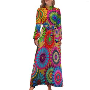 Casual klänningar färgglada mandala klänning retro bohemiskt tryck vintage maxi gata slitage strand lång hög midje mönster kläder