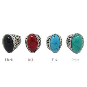 12Pcs Women's Turquoise Stone Rings Gemstone Antique Silver Rings With Four Color Men Vintage Resin Simulated Turquoise Stone277t
