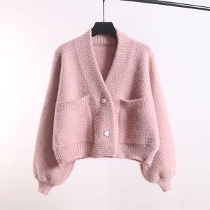 Outono nova imitação de vison cashmere malha cardigan feminino moda lanterna manga grosso curto camisola casaco