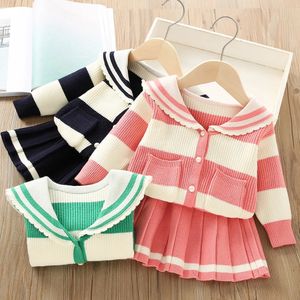 Clothing Sets Girls Sweater Set AutumnWinter Western Korean Stripe Academy Style Childrens Knitted Princess TopPleated Dress 231214